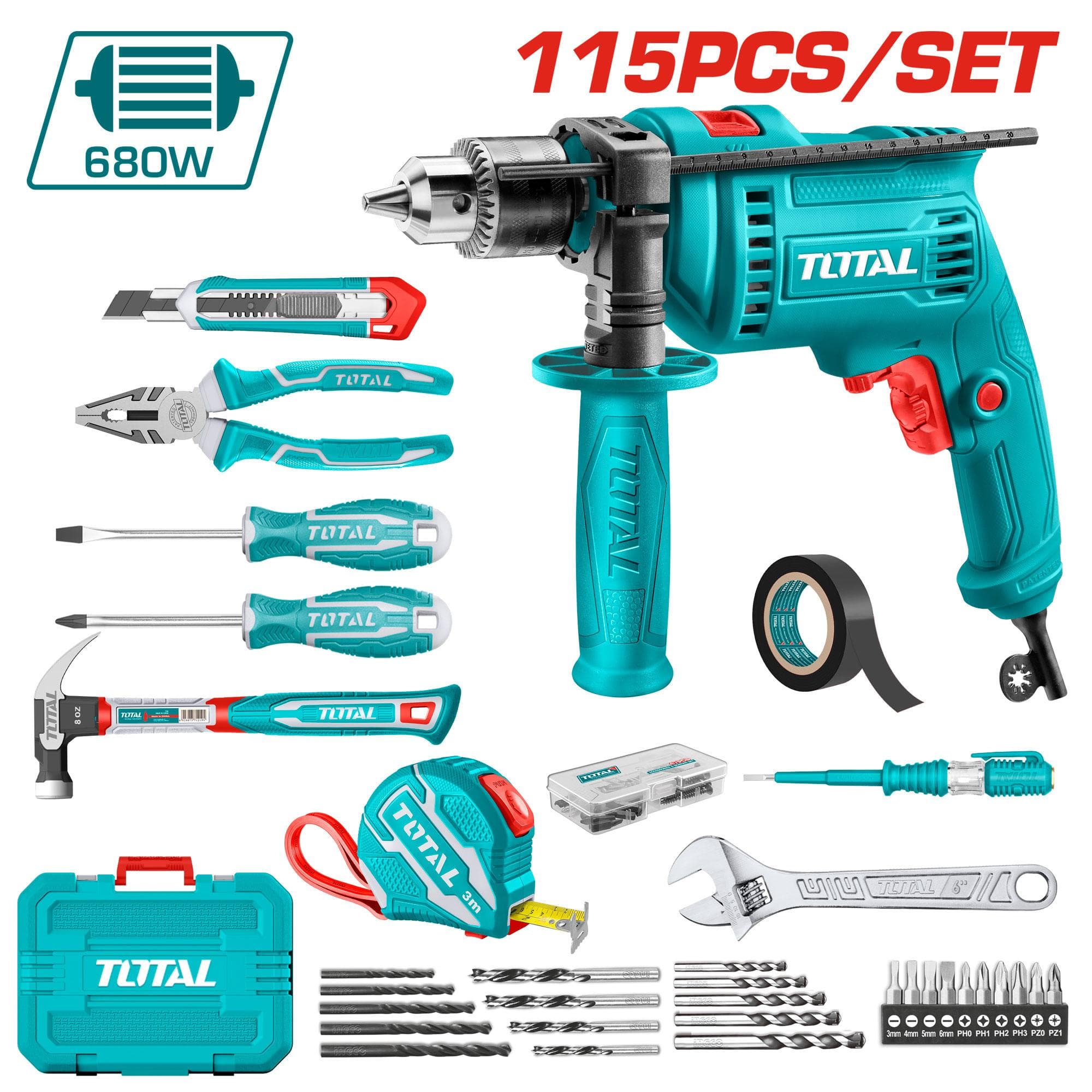 Perceuse 680W avec Ensemble d’outils 115 pièces - TOTAL - THKTHP1152